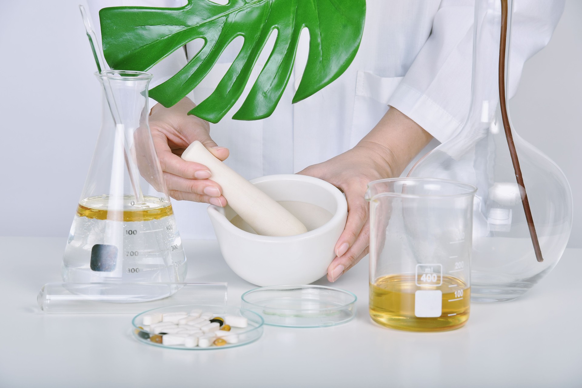 Erboristeria alternativa, Malta con erbe botaniche curative, botanica biologica naturale e vetreria scientifica, prodotti naturali per la cura della pelle, concetto di ricerca e sviluppo.